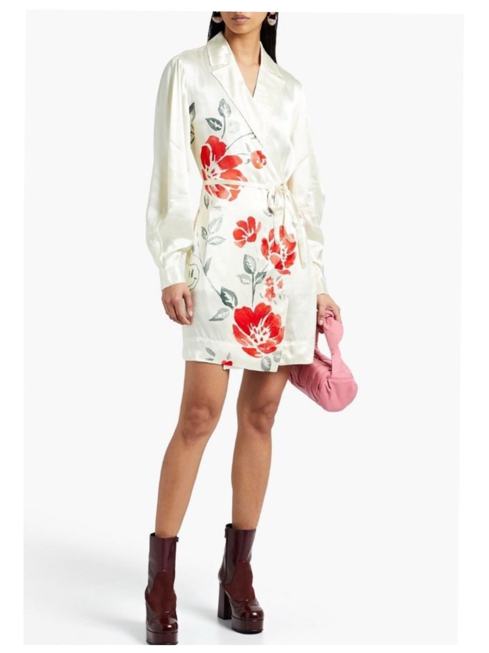 NWT GANNI Floral Satin Wrap Mini Dress Women's 36 US 4 Egret Romantic